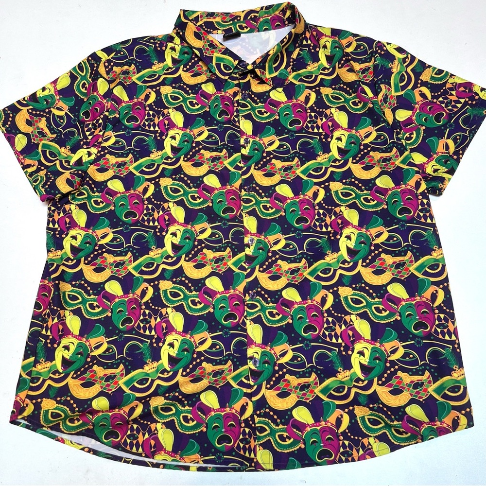 Linocouton Mardi Gras Button Up Shirt 2XL Short Sleeve Polyester blend